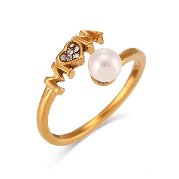 Mom Adjustable Pearl Zircon Heart Stackable Ring 18K Gold Plated Stainless Steel - Picture 6 of 11